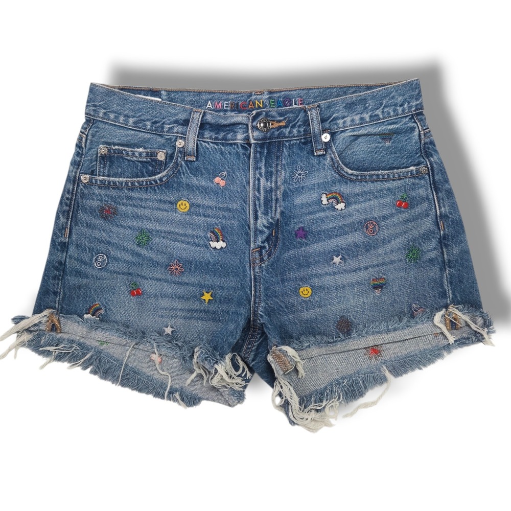 American Eagle 90s Boyfriend Denim Shorts Embroidered Raw Hem Medium Wash 4